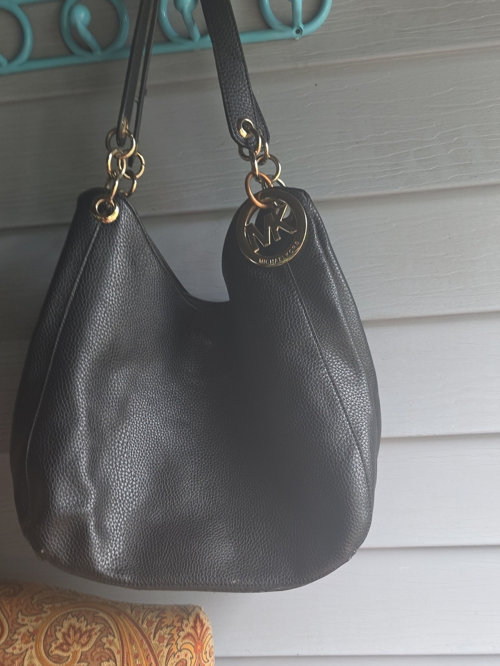 Michael Kors Black Pebbled Leather Shoulder Hobo with Gold Hardware